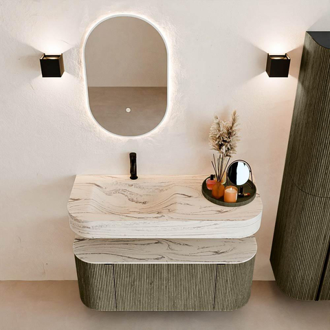 MONDIAZ THOR-DLUX 110cm meuble de salle de bains arrondi gauche + droite couleur Shadow avec 1 tiroir et 2 portes. Vasque suspendue CLOUD Gauche 1 trou de robinet couleur Nata. SW1463022