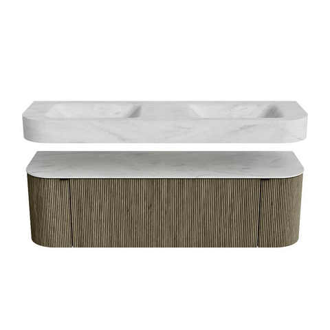 MONDIAZ THOR-DLUX 150cm badmeubel ronding links + rechts kleur Shadow met 1 lade en 2 deuren. Vrijhangende wastafel CLOUD Dubbel 2 kraangaten kleur Opalo. SW1464692