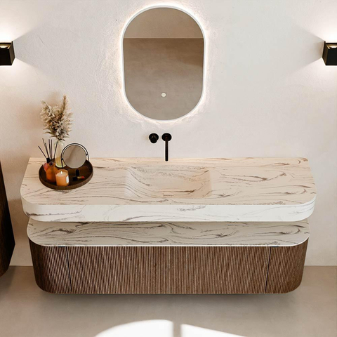 MONDIAZ THOR-DLUX 170cm meuble de salle de bains arrondi gauche + droite couleur Walnut avec 1 tiroir et 2 portes. Vasque suspendue CLOUD Milieu sans trou de robinet couleur Nata. SW1465798