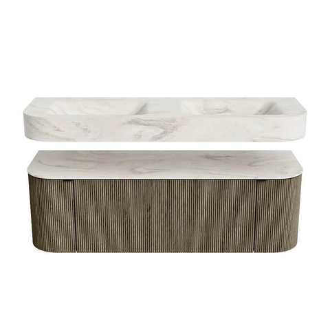 MONDIAZ THOR-DLUX 140cm meuble de salle de bains arrondi gauche + droite couleur Shadow avec 1 tiroir et 2 portes. Vasque suspendue CLOUD Double 2 trous de robinet couleur Ostra. SW1464464