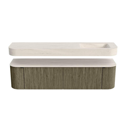 MONDIAZ THOR-DLUX 180cm meuble de salle de bains arrondi gauche + droite couleur Shadow avec 2 tiroirs et 2 portes. Vasque suspendue CLOUD Droite 1 trou de robinet couleur Meli. SW1466180