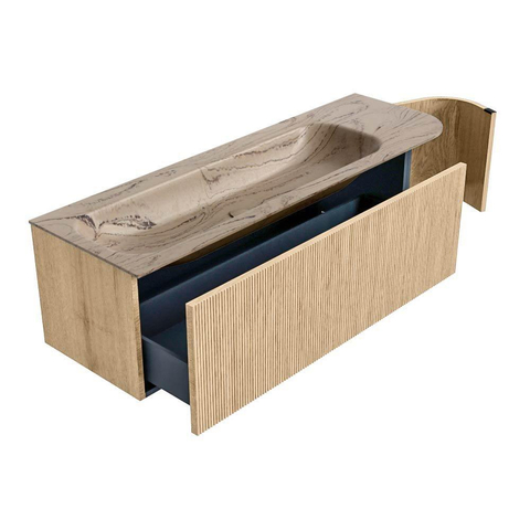MONDIAZ KURVE-DLUX meuble de salle de bains 145cm courbe droite couleur chêne avec 1 tiroir et 1 porte. Vasque BIG LARGE gauche sans trou de robinet Arena. SW1431130
