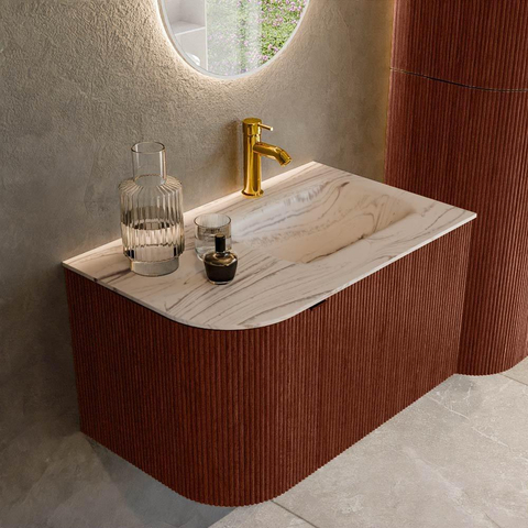 MONDIAZ KURVE-DLUX 75cm badmeubel ronding Links kleur Ruby met 1 lade en 1 deur. Wastafel GRUNNE Rechts 1 kraangat Nata. SW1432509