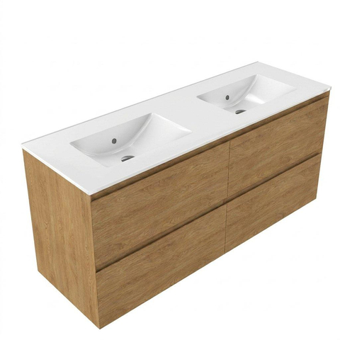 Saniclass Holz Pure Meuble de salle de bain - 140x45x60cm - lavabo en céramique blanc - 2 vasques - 2 trous de robinet - 4 tiroirs - Chêne Natural SW1438925