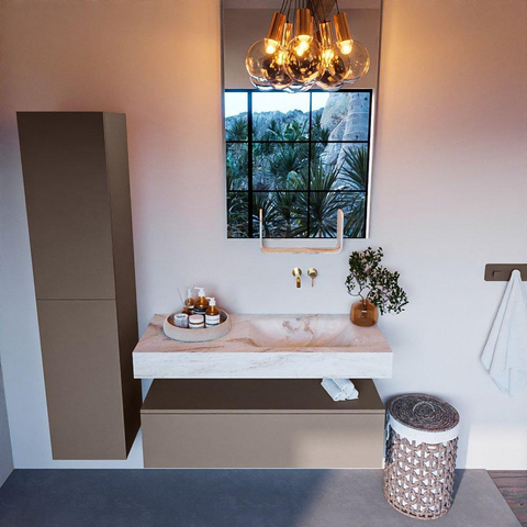 Mondiaz ALAN-DLUX Ensemble de meuble - 110cm - meuble Smoke mat - 1 tiroir - Lavabo Cloud Frappe suspendu - vasque Droite - 0 trous de robinet SW805203