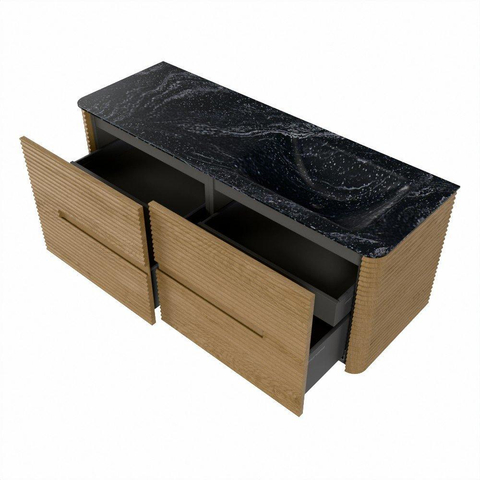 Mondiaz CIRO-DLUX Meuble de salle de bains - 130x45x50cm - Lavabo en solid surface Lava - 1 vasque à droite - sans trous de robinet - 4 tiroirs - Chêne SW1531088