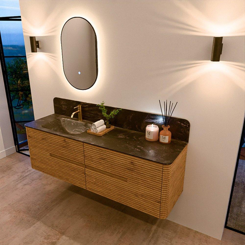 Mondiaz CIRO-DLUX Meuble de salle de bains - 160x45x50cm - Plan vasque solid surface Lava - 1 lavabo à gauche - 1 trou de robinet - 4 tiroirs - Chêne SW1530963
