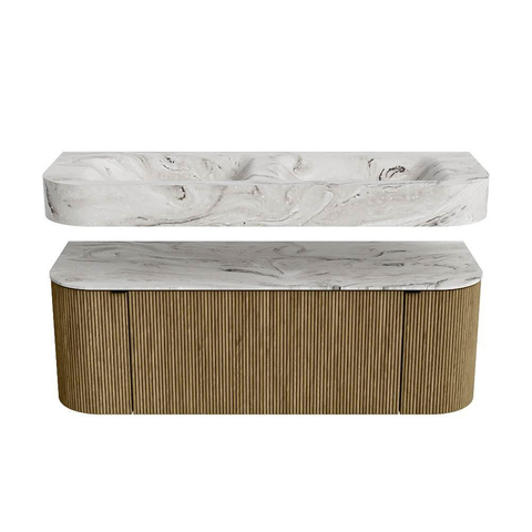 MONDIAZ THOR-DLUX 130cm meuble de salle de bains arrondi gauche + droite couleur Dusk avec 1 tiroir et 2 portes. Vasque suspendue CLOUD Double sans trou de robinet couleur Glace. SW1463637