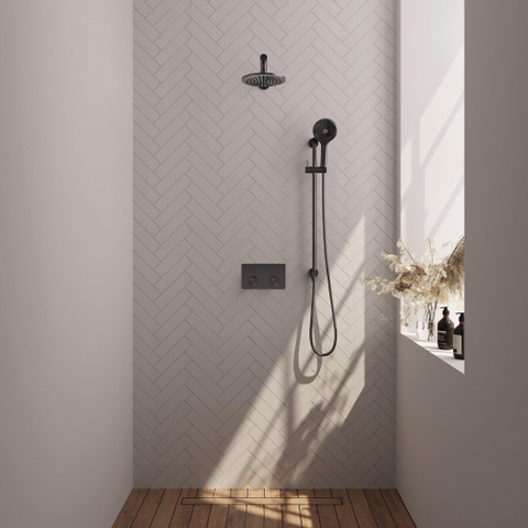 BRAUER gunmetal Carving Douche de pluie encastrée thermostatique - boutons-poussoirs - SET 67 - pomme de douche 20cm - bras mural droit - douchette 3 jets - flexible de douche - barre de douche intégrée - gunmetal brossé PVD SW925706