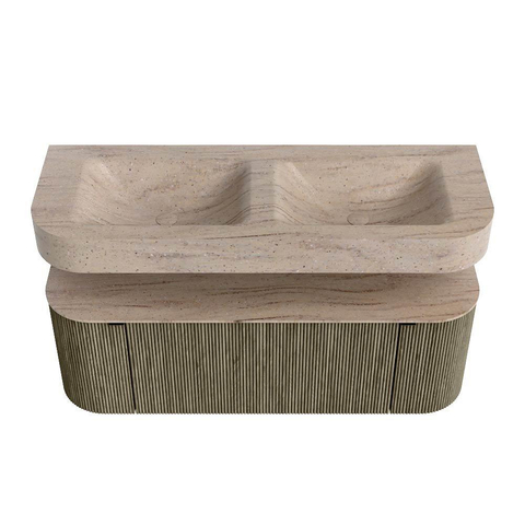 MONDIAZ THOR-DLUX 130cm meuble de salle de bains arrondi gauche + droite couleur Shadow avec 1 tiroir et 2 portes. Vasque suspendue CLOUD Double 2 trous de robinet couleur Saba. SW1464066