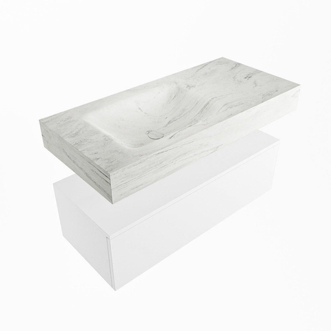 Mondiaz ALAN-DLUX Ensemble de meuble - 100cm - meuble Talc mat - 1 tiroir - Lavabo Cloud Opalo suspendu - vasque Gauche - 0 trous de robinet SW806450