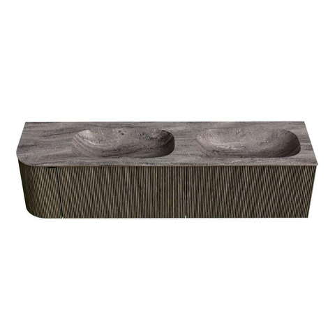 MONDIAZ KURVE-DLUX Meuble de salle de bains 175cm arrondi à gauche couleur Shadow avec 2 tiroirs et 1 porte. Lavabo STOR SMALL Double / Droite sans trou de robinet Oza. SW1432934