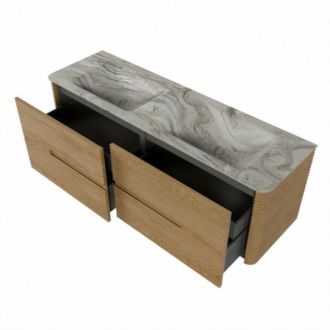 Mondiaz CIRO-DLUX Badkamermeubelset - 150x45x50cm - Solid surface wastafel Glace - 2 wasbak Dubbel - 2 kraangaten - 4 lades - Oak SW1530841