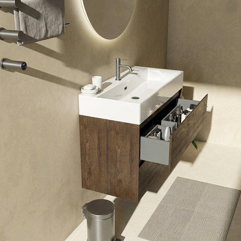Saniclass Holz Pure Ensemble de meubles de salle de bains - 100x45x72cm - vasque Legend en céramique blanche - 1 vasque - 1 trou de robinet - 2 tiroirs - chêne charcoal mat (bois) SW1478497