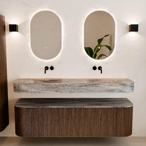 MONDIAZ THOR-DLUX Meuble de salle de bains - 160cm - arrondi gauche + droite - couleur Walnut - 1 tiroir et 2 portes - Vasque suspendue CLOUD Double sans trou de robinet - couleur Oza SW1465298