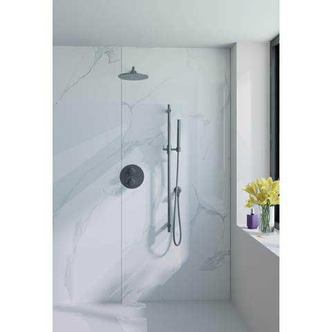 Fortifura Calvi Inbouw Regendoucheset - rond - thermostatisch - wandarm - glijstang - 25cm - hoofddouche - staaf handdouche - gladde doucheslang - PVD - geborsteld gunmetal (antraciet) SW1189340