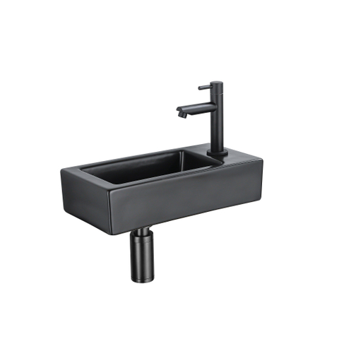 QeramiQ Fuente fonteinset – 37.5x18.5x9 cm – keramiek zwart mat – kraangat rechts – mat zwarte kraan SW1232732
