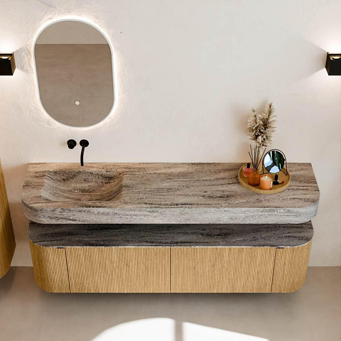 MONDIAZ THOR-DLUX 180cm badmeubel ronding links + rechts kleur Oak met 2 lades en 2 deuren. Vrijhangende wastafel CLOUD Links zonder kraangat kleur Oza. SW1466286