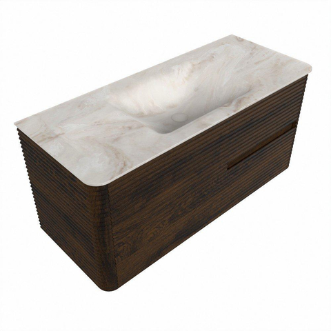 Mondiaz CIRO-DLUX Badkamermeubelset - 110x45x50cm - Solid surface wastafel Frappe - 1 wasbak Midden - zonder kraangaten - 2 lades - Walnut SW1530312