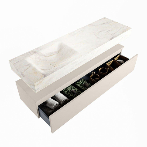 Mondiaz ALAN-DLUX Ensemble de meuble - 150cm - meuble Linen mat - 1 tiroir - Lavabo Cloud Ostra suspendu - vasque Gauche - 0 trous de robinet SW807290