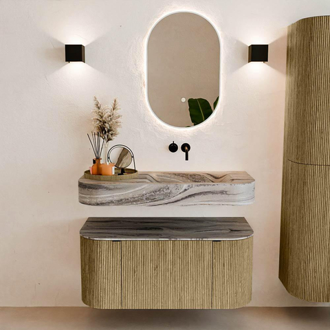 MONDIAZ THOR-DLUX 100cm meuble de salle de bains arrondi gauche + droite couleur Dusk avec 1 tiroir et 2 portes. Vasque suspendue CLOUD Droite sans trou de robinet couleur Sombra. SW1467621