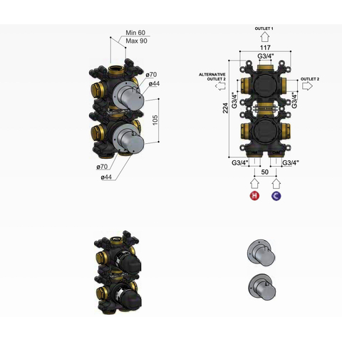 Hotbath Ace Inbouwdeel - voor inbouwthermostaat - met 2-weg stop omstel - zwart SW1119229