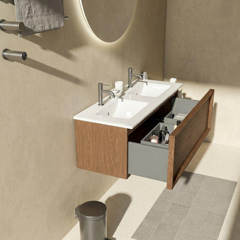 Saniclass Holz Frame Ensemble de meubles de salle de bains - 120x45x42cm - lavabo Vygo en céramique blanc - 2 vasques - 2 trous de robinetterie - 1 tiroir - walnut pure mat (bois) SW1441848