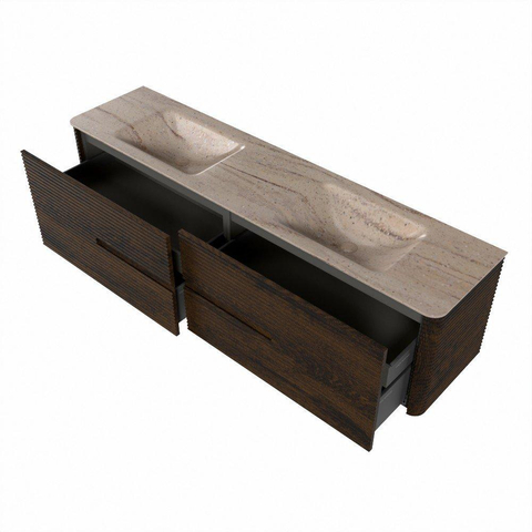 Mondiaz CIRO-DLUX Badkamermeubelset - 190x45x50cm - Solid surface wastafel Saba - 2 wasbak Dubbel - zonder kraangaten - 4 lades - Walnut SW1530709