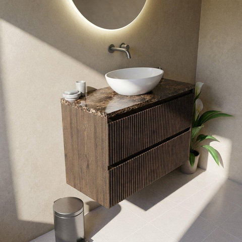 Saniclass Holz Atelier Ensemble de meubles de salle de bains - 100x45x63cm - Plan en pierre naturelle Noche dark emperador - sans trou de robinetterie - 2 tiroirs - chêne charcoal mat (bois) SW1478274