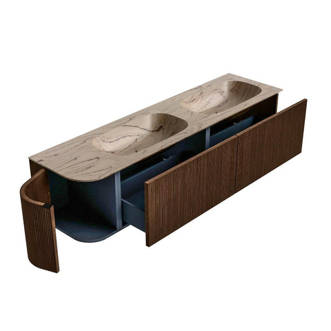 MONDIAZ KURVE-DLUX Meuble de salle de bains 175cm arrondi à gauche couleur Walnut avec 2 tiroirs et 1 porte. Lavabo STOR SMALL Double / à droite 2 trous de robinet Arena. SW1431278