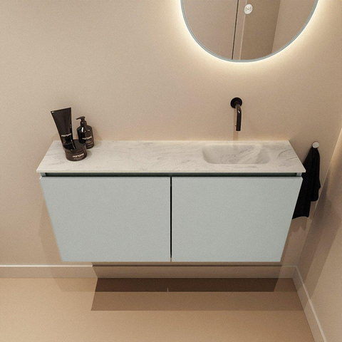 MONDIAZ TURE-DLUX meuble de toilettes 100 cm Greey. EDEN vasque Opalo position à droite. Sans trou de robinet. SW1104352
