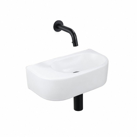 QeramiQ Fuente pack lave-mains – demi-rond – 40 x 21,5 x 12 cm – céramique blanc mat – sans perçage – robinet noir mat SW1233083