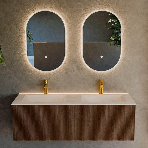 MONDIAZ KURVE-DLUX 130cm badmeubel kleur Walnut met 2 lades en 0 deuren. Wastafel LEAF Dubbel 2 kraangaten Meli. SW1431743