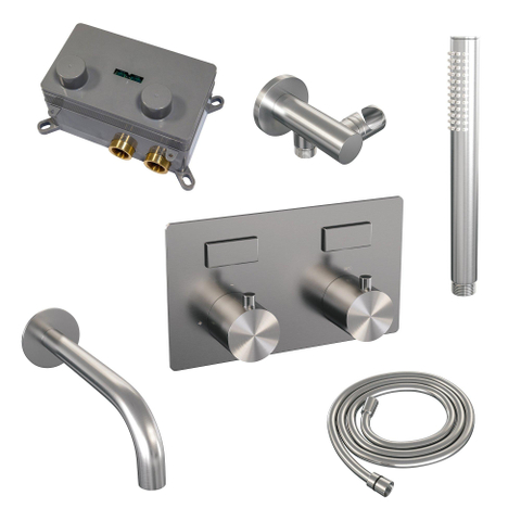 BRAUER Brushed Edition mitigeur de baignoire encastré thermostatique - boutons-poussoirs SET 03 - bec - pomme de douche à main en barre - flexible de douche - coude d’alimentation mural - inox brossé PVD SW925467