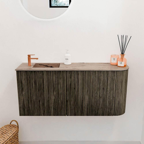 Mondiaz JOYA-DLUX 91.6cm meuble de salle de bains - arrondi droit couleur Shadow - Vasque FAYE position Gauche 1 trou de robinet couleur Arena. SW1424846