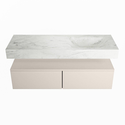 Mondiaz ALAN-DLUX Ensemble de meuble - 130cm - meuble Linen mat - 2 tiroirs - Lavabo Cloud Opalo suspendu - vasque Droite - 0 trous de robinet SW806534