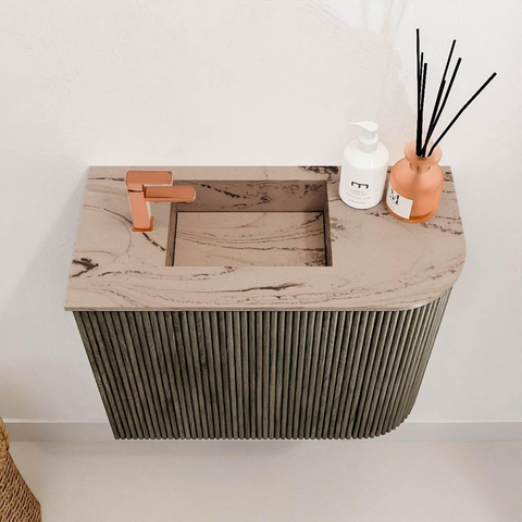 Mondiaz JOYA-DLUX Meuble de salle de bains 51,6cm - arrondi droit couleur Shadow - Vasque FAYE position Gauche 1 trou de robinet couleur Arena SW1424819