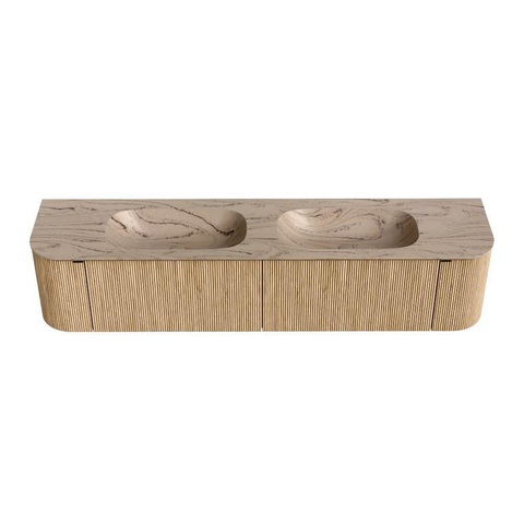 MONDIAZ KURVE-DLUX Meuble de salle de bains 200cm arrondi Gauche + Droite couleur Chêne avec 2 tiroirs et 2 portes. Lavabo STOR SMALL Double 2 trous de robinet Arena. SW1431155