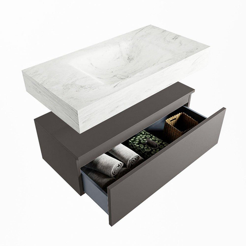 Mondiaz ALAN-DLUX Ensemble de meuble - 90cm - meuble Dark grey mat - 1 tiroir - Lavabo Cloud Opalo suspendu - vasque Centre - 0 trous de robinet SW806424