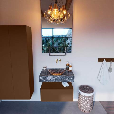 Mondiaz ALAN-DLUX Ensemble de meuble - 70cm - meuble Rust mat - 1 tiroir - Lavabo Cloud Lava suspendu - vasque Centre - 0 trous de robinet SW808340
