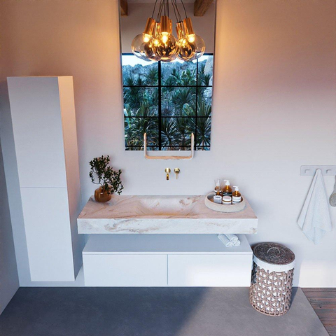 Mondiaz ALAN-DLUX Ensemble de meuble - 130cm - meuble Talc mat - 2 tiroirs - Lavabo Cloud Frappe suspendu - vasque Centre - 0 trous de robinet SW804791
