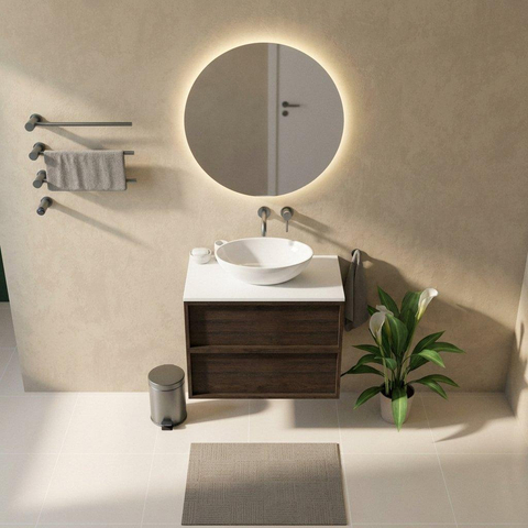 Saniclass Holz Frame Badkamermeubelset - 80x45x62.5cm - Torino solid surface topblad wit - zonder kraangat - 2 lades - mat eiken charcoal (hout) SW1579930