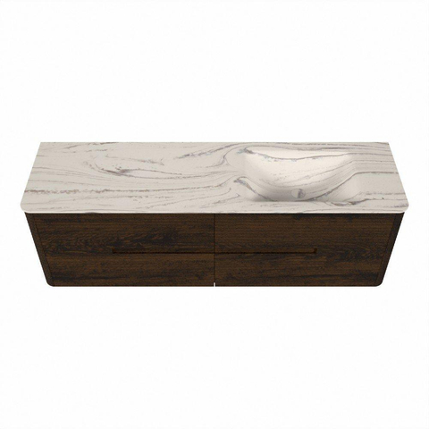 Mondiaz CIRO-DLUX Meuble de salle de bains - 160x45x50cm - Plan vasque Solid surface Nata - 1 vasque à droite - sans trous de robinet - 4 tiroirs - Noyer SW1533777