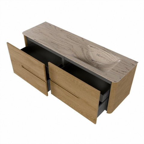 Mondiaz CIRO-DLUX Badkamermeubelset - 150x45x50cm - Solid surface wastafel Arena - 1 wasbak Rechts - 1 kraangat - 4 lades - Oak SW1531353