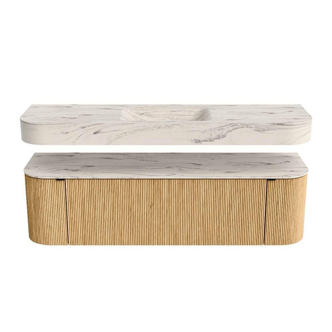 MONDIAZ THOR-DLUX 160cm badmeubel ronding links + rechts kleur Oak met 1 lade en 2 deuren. Vrijhangende wastafel CLOUD Midden zonder kraangat kleur Nata. SW1465251