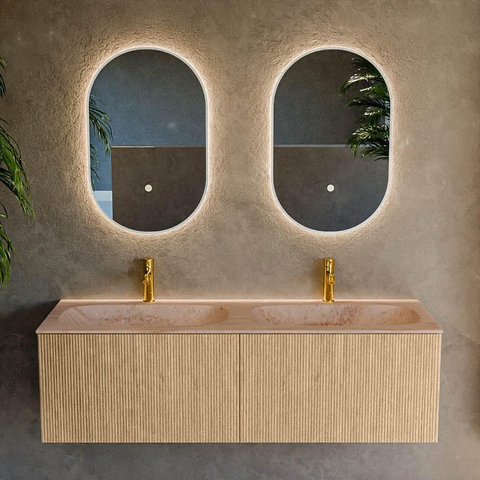 MONDIAZ KURVE-DLUX Meuble de salle de bains 140cm couleur Oak avec 2 tiroirs et 0 portes. Lavabo STOR SMALL Double 2 trous de robinet Saba. SW1433123