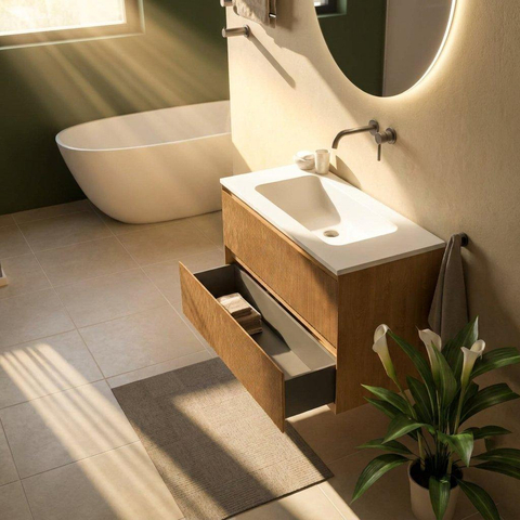 Saniclass Holz Atelier Badkamermeubelset - 100x45x77.5cm - Torino solid surface wastafel wit - zonder kraangat - 2 lades - mat eiken natural (hout) SW1478657