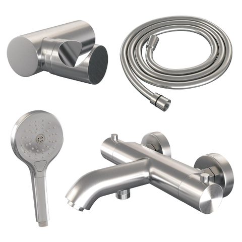 Robinet de baignoire Brauer Brushed Edition - ensemble de douche - douchette ronde 3 positions - bouton lisse - PVD - Inox brossé SW1164636