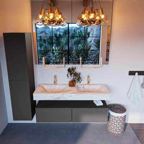 Mondiaz ALAN-DLUX Ensemble de meuble - 130cm - meuble Dark grey mat - 2 tiroirs - Lavabo Cloud Frappe suspendu - vasque Gauche et droite - 2 trous de robinet SW805053