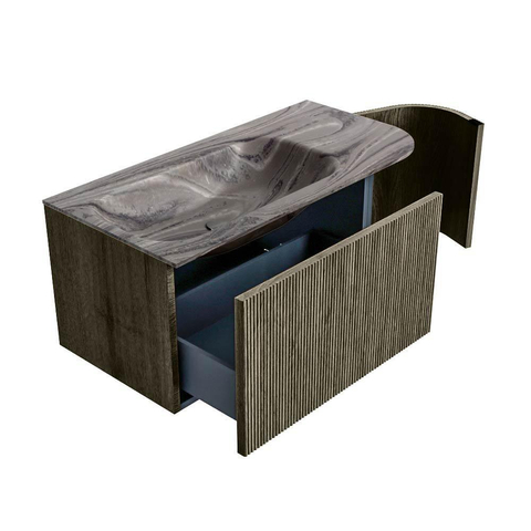 MONDIAZ KURVE-DLUX Meuble de salle de bains 95cm arrondi à droite couleur Shadow avec 1 tiroir et 1 porte. Lavabo BIG SMALL gauche 1 trou de robinet Sombra. SW1433743